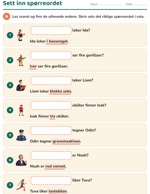 Forhåndsvisning av Spørreord-arbeidsark for 1. trinn