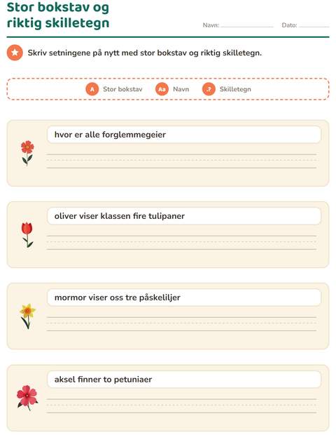 Forhåndsvisning av Stor bokstav og punktum-arbeidsark med Blomster for 2. trinn