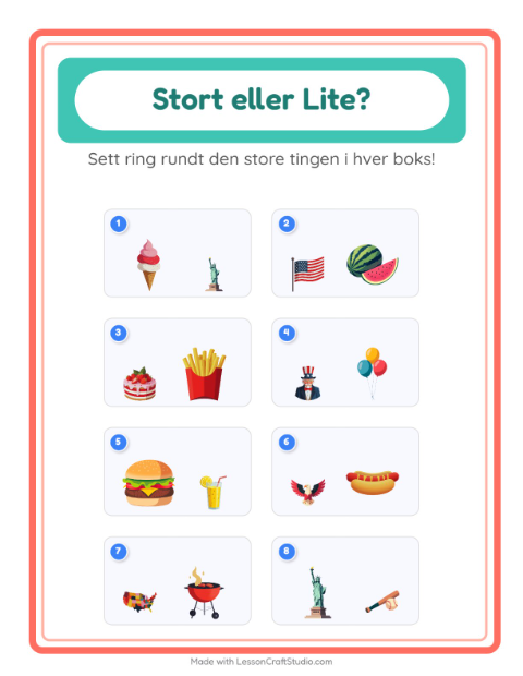 Forhåndsvisning av Stor Eller Liten-arbeidsark med 4. juli for Barnehage (3-5 år)