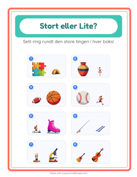Forhåndsvisning av Stor Eller Liten-arbeidsark med Aktiviteter for Barnehage (3-5 år)