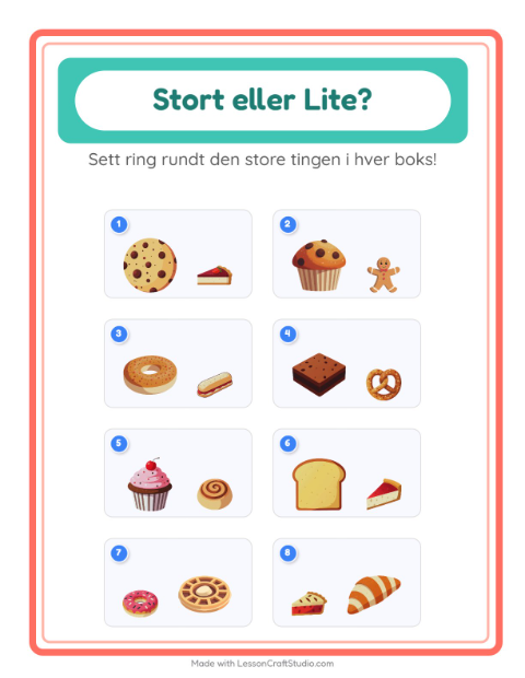 Forhåndsvisning av Stor Eller Liten-arbeidsark med Bakeri for Barnehage (3-5 år)
