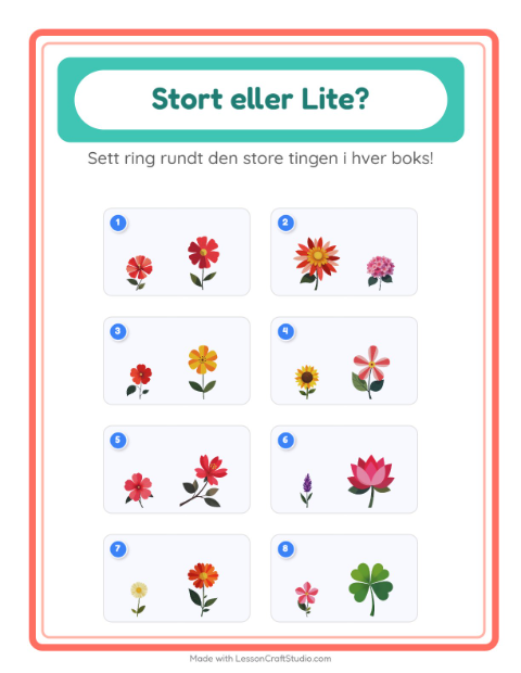 Forhåndsvisning av Stor Eller Liten-arbeidsark med Blomster for Barnehage (3-5 år)