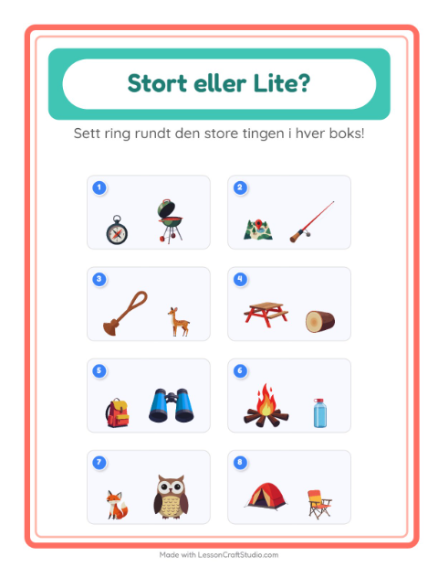 Forhåndsvisning av Stor Eller Liten-arbeidsark med Camping for Barnehage (3-5 år)