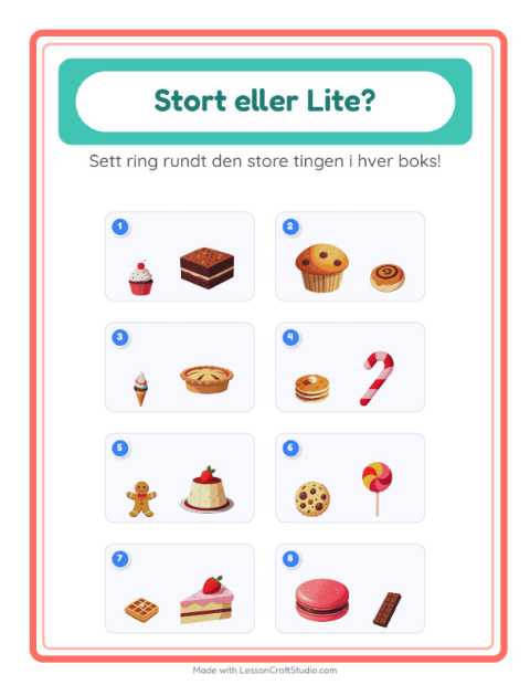 Forhåndsvisning av Stor Eller Liten-arbeidsark med Desserter og godteri for Barnehage (3-5 år)