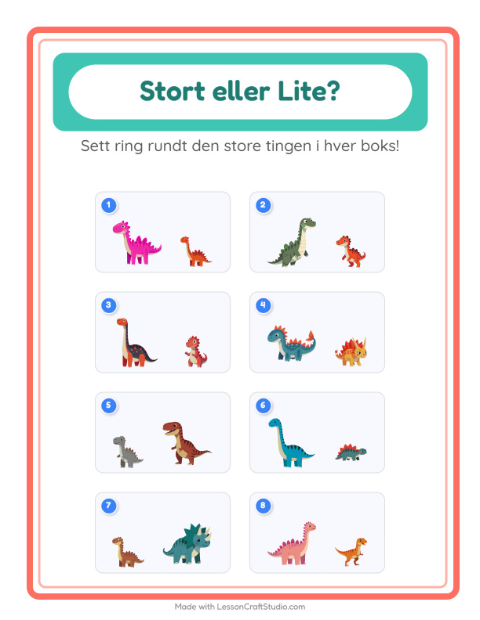 Forhåndsvisning av Stor Eller Liten-arbeidsark med Dinosaurer for Barnehage (3-5 år)