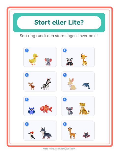Forhåndsvisning av Stor Eller Liten-arbeidsark med Dyr for Barnehage (3-5 år)