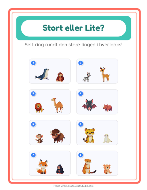 Forhåndsvisning av Stor Eller Liten-arbeidsark med Dyrehagedyr for Barnehage (3-5 år)
