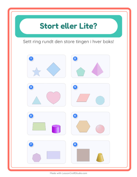 Forhåndsvisning av Stor Eller Liten-arbeidsark med Former for Barnehage (3-5 år)