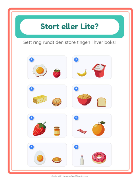Forhåndsvisning av Stor Eller Liten-arbeidsark med Frokost for Barnehage (3-5 år)
