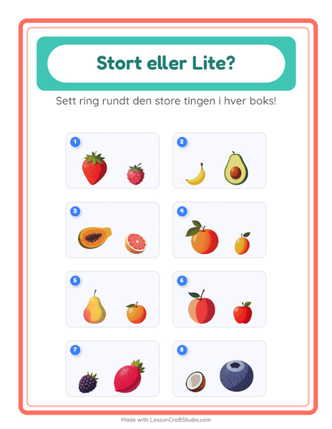 Forhåndsvisning av Stor Eller Liten-arbeidsark med Frukter for Barnehage (3-5 år)
