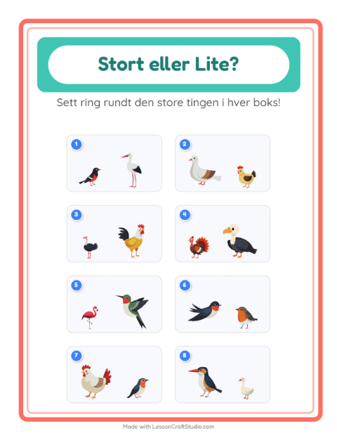 Forhåndsvisning av Stor Eller Liten-arbeidsark med Fugler 2 for Barnehage (3-5 år)