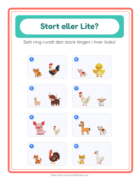 Forhåndsvisning av Stor Eller Liten-arbeidsark med Gårdsdyr for Barnehage (3-5 år)