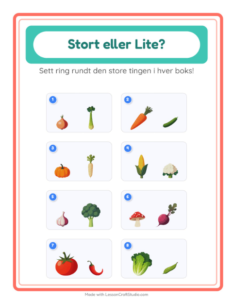 Forhåndsvisning av Stor Eller Liten-arbeidsark med Grønnsaker for Barnehage (3-5 år)