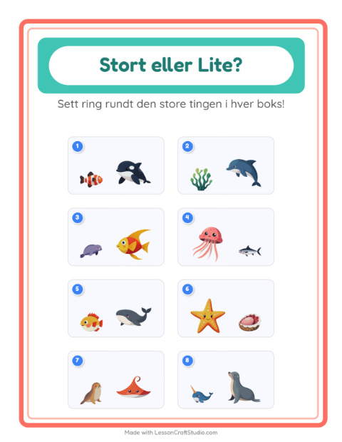 Forhåndsvisning av Stor Eller Liten-arbeidsark med Havliv for Barnehage (3-5 år)