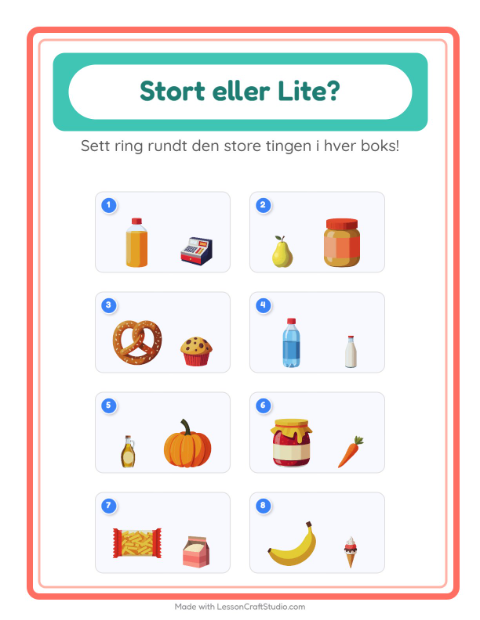 Forhåndsvisning av Stor Eller Liten-arbeidsark med I supermarkedet for Barnehage (3-5 år)