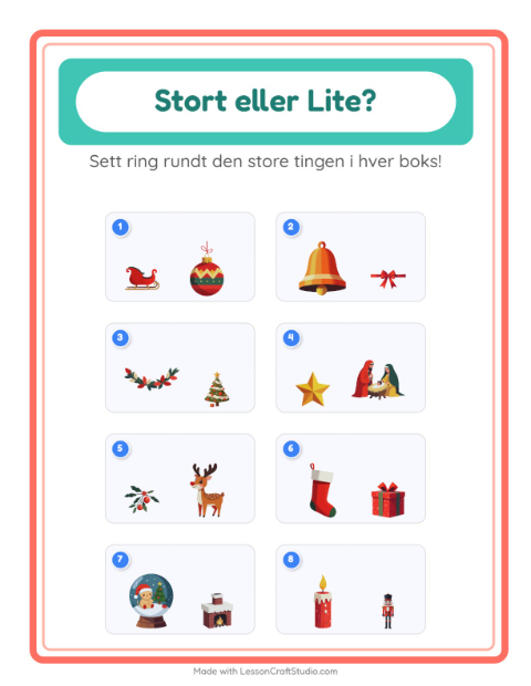 Forhåndsvisning av Stor Eller Liten-arbeidsark med Jul for Barnehage (3-5 år)