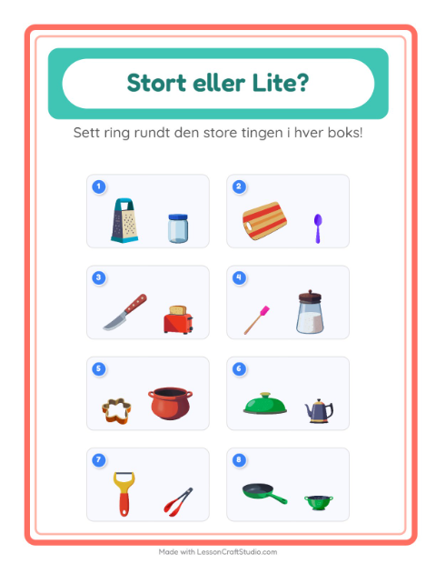 Forhåndsvisning av Stor Eller Liten-arbeidsark med Kjøkkenredskaper for Barnehage (3-5 år)