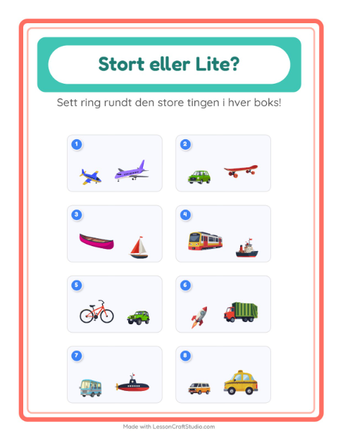Forhåndsvisning av Stor Eller Liten-arbeidsark med Kjøretøy for Barnehage (3-5 år)