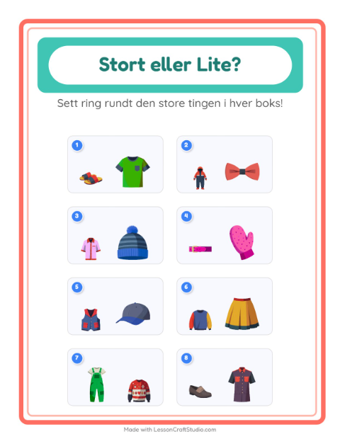 Forhåndsvisning av Stor Eller Liten-arbeidsark med Klær for Barnehage (3-5 år)