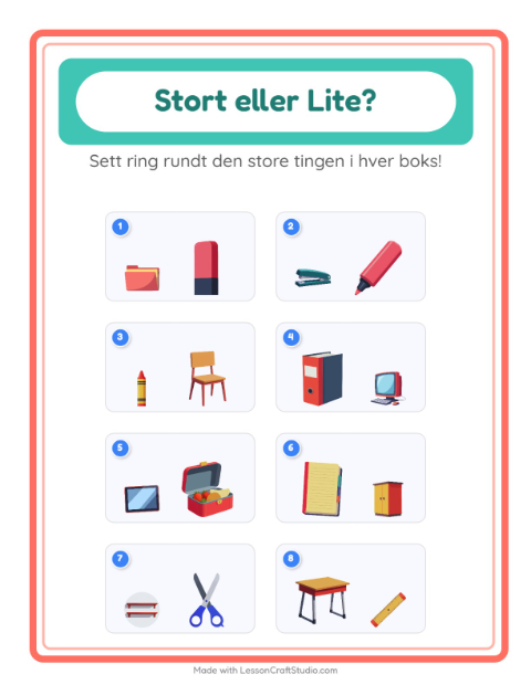 Forhåndsvisning av Stor Eller Liten-arbeidsark med Klasserom for Barnehage (3-5 år)