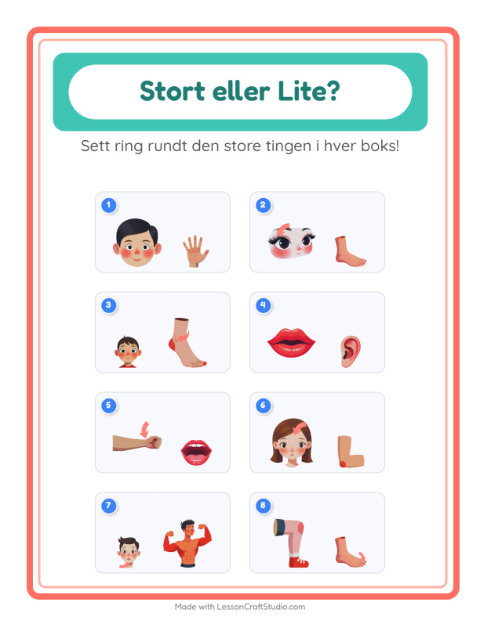 Forhåndsvisning av Stor Eller Liten-arbeidsark med Kroppsdeler for Barnehage (3-5 år)