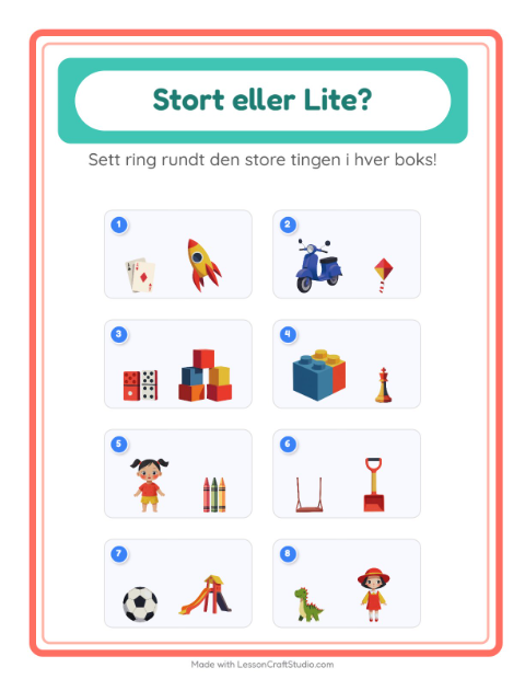 Forhåndsvisning av Stor Eller Liten-arbeidsark med Leker for Barnehage (3-5 år)