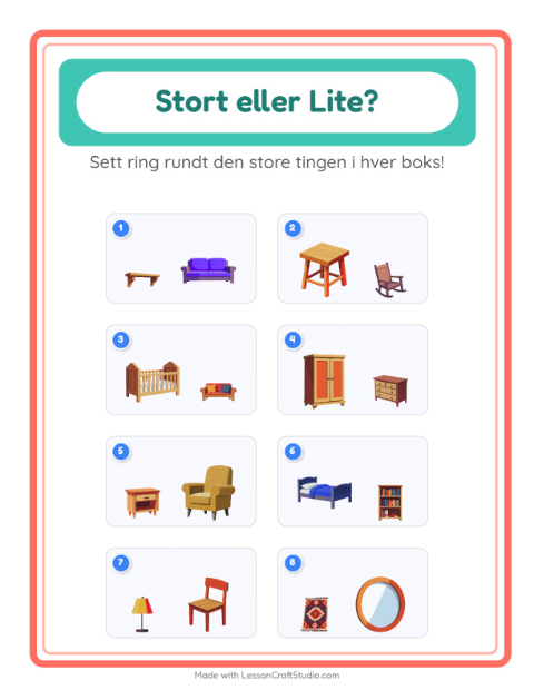 Forhåndsvisning av Stor Eller Liten-arbeidsark med Møbler for Barnehage (3-5 år)