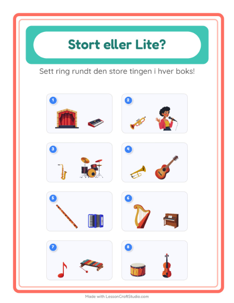 Forhåndsvisning av Stor Eller Liten-arbeidsark med Musikk for Barnehage (3-5 år)