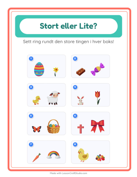 Forhåndsvisning av Stor Eller Liten-arbeidsark med Påske for Barnehage (3-5 år)