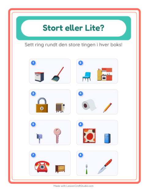 Forhåndsvisning av Stor Eller Liten-arbeidsark med Rundt i huset for Barnehage (3-5 år)