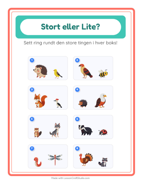 Forhåndsvisning av Stor Eller Liten-arbeidsark med Skogsdyr for Barnehage (3-5 år)