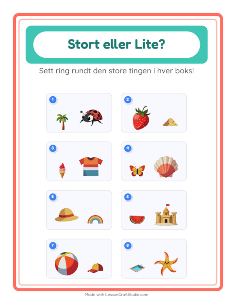 Forhåndsvisning av Stor Eller Liten-arbeidsark med Sommer for Barnehage (3-5 år)