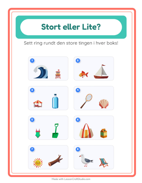 Forhåndsvisning av Stor Eller Liten-arbeidsark med Strand for Barnehage (3-5 år)