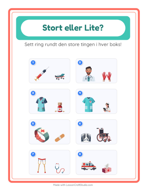 Forhåndsvisning av Stor Eller Liten-arbeidsark med Sykehus for Barnehage (3-5 år)
