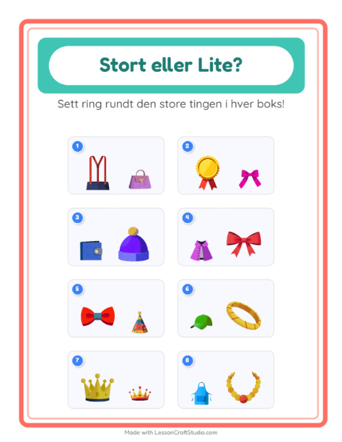 Forhåndsvisning av Stor Eller Liten-arbeidsark med Tilbehør for Barnehage (3-5 år)