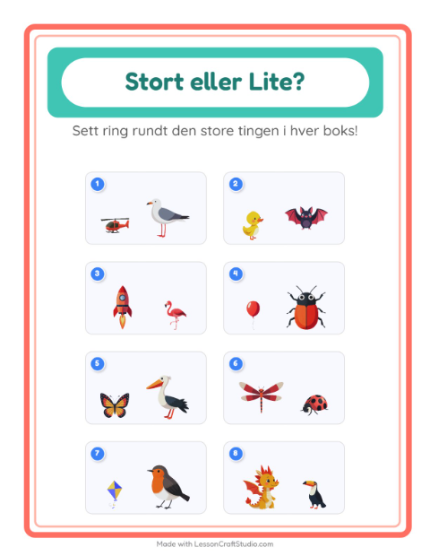 Forhåndsvisning av Stor Eller Liten-arbeidsark med Ting som flyr for Barnehage (3-5 år)