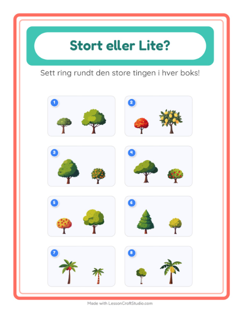 Forhåndsvisning av Stor Eller Liten-arbeidsark med Trær for Barnehage (3-5 år)