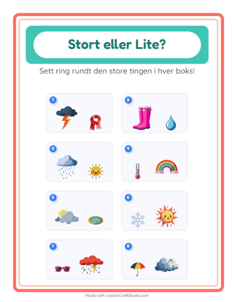 Forhåndsvisning av Stor Eller Liten-arbeidsark med Vær for Barnehage (3-5 år)