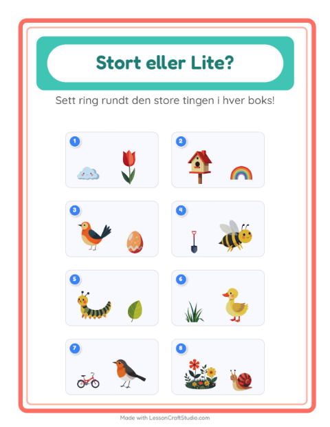 Forhåndsvisning av Stor Eller Liten-arbeidsark med Vår for Barnehage (3-5 år)