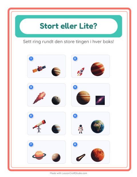 Forhåndsvisning av Stor Eller Liten-arbeidsark med Verdensrommet for Barnehage (3-5 år)
