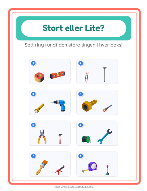Forhåndsvisning av Stor Eller Liten-arbeidsark med Verktøy for Barnehage (3-5 år)