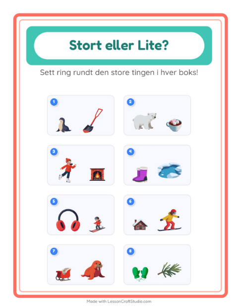 Forhåndsvisning av Stor Eller Liten-arbeidsark med Vinter for Barnehage (3-5 år)