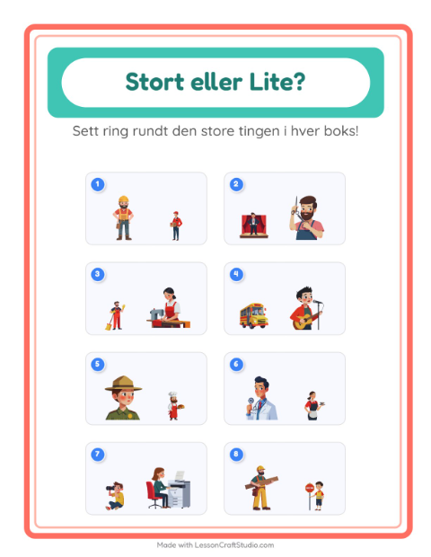 Forhåndsvisning av Stor Eller Liten-arbeidsark med Yrker for Barnehage (3-5 år)