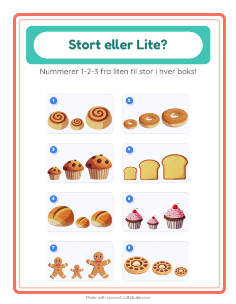 Forhåndsvisning av Stor Eller Liten-arbeidsark med Bakeri for Barnehage (3-5 år)