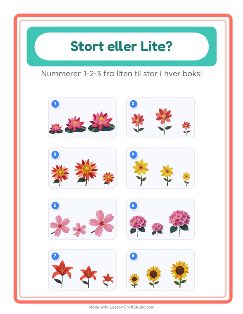 Forhåndsvisning av Stor Eller Liten-arbeidsark med Blomster for Barnehage (3-5 år)