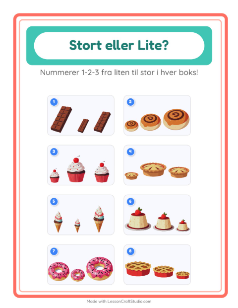 Forhåndsvisning av Stor Eller Liten-arbeidsark med Desserter og godteri for Barnehage (3-5 år)