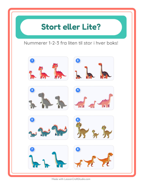 Forhåndsvisning av Stor Eller Liten-arbeidsark med Dinosaurer for Barnehage (3-5 år)