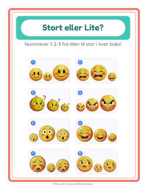 Forhåndsvisning av Stor Eller Liten-arbeidsark med Følelser for Barnehage (3-5 år)