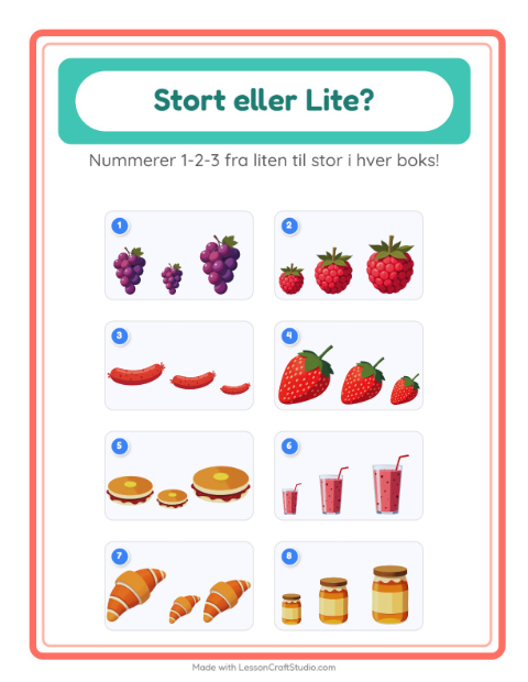 Forhåndsvisning av Stor Eller Liten-arbeidsark med Frokost for Barnehage (3-5 år)