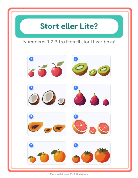 Forhåndsvisning av Stor Eller Liten-arbeidsark med Frukter for Barnehage (3-5 år)